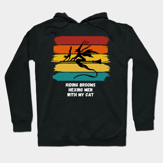 Sunset Witch Riding Brooms Hexing Men with My Cat Hoodie by nathalieaynie